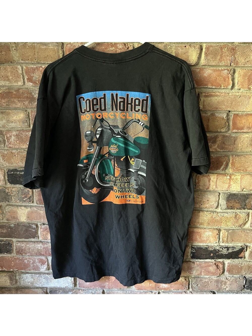 Vintage 90's Coed Sportwears Naked Motorcycle Graphic Green Black Tee Shirt XL